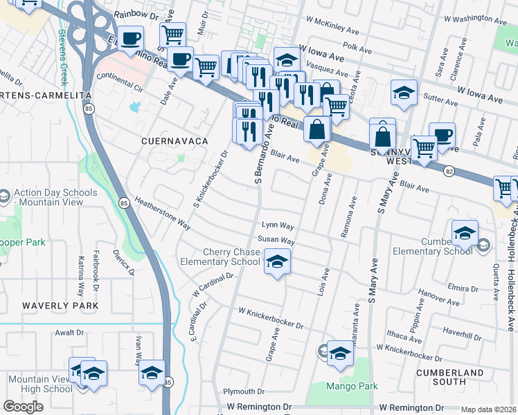 map of restaurants, bars, coffee shops, grocery stores, and more near South Bernardo Avenue & Parkington Avenue in Sunnyvale