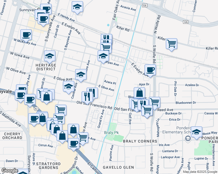 map of restaurants, bars, coffee shops, grocery stores, and more near 653 East Olive Avenue in Sunnyvale