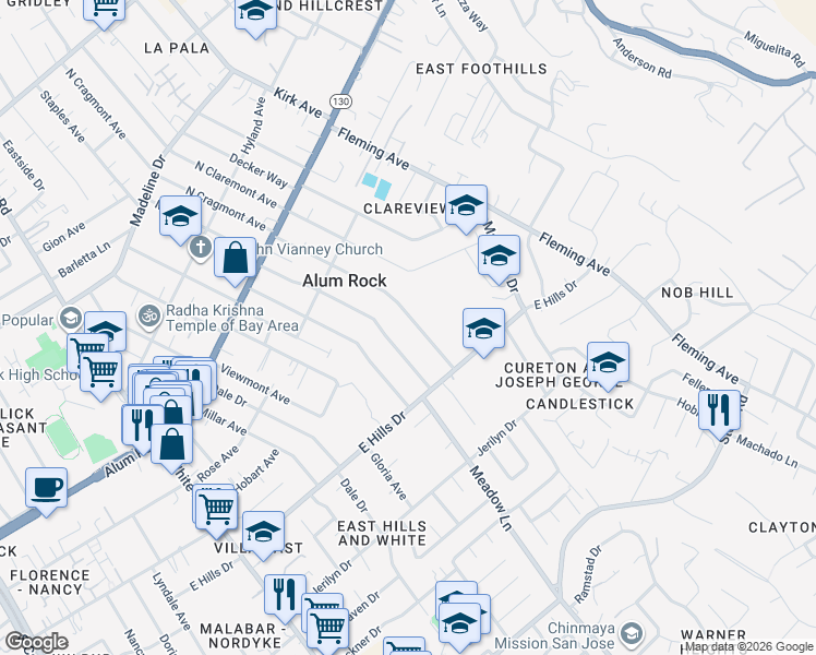 map of restaurants, bars, coffee shops, grocery stores, and more near 237 S Cragmont Ave in San Jose