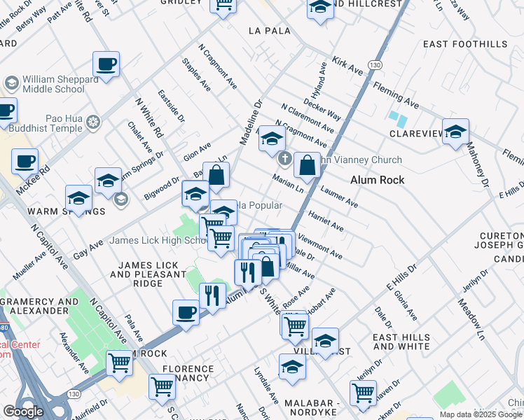 map of restaurants, bars, coffee shops, grocery stores, and more near 4440 Hyland Avenue in San Jose