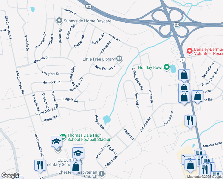 map of restaurants, bars, coffee shops, grocery stores, and more near 3214 Wood Dale Road in Chester