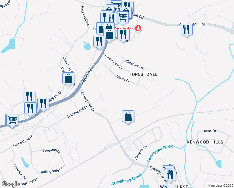 map of restaurants, bars, coffee shops, grocery stores, and more near 319 Brook Park Place in Forest