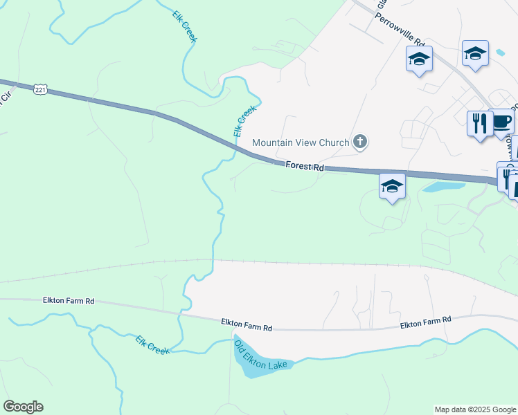 map of restaurants, bars, coffee shops, grocery stores, and more near 114 Elkridge Drive in Forest