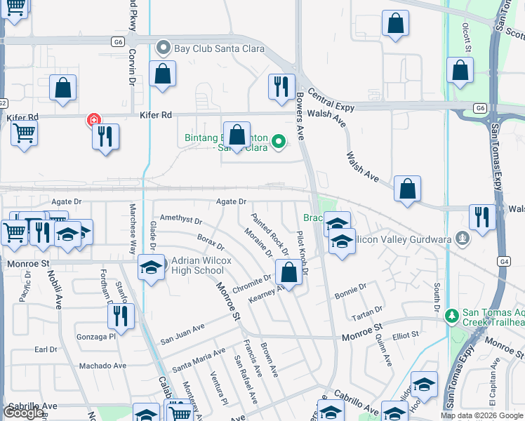 map of restaurants, bars, coffee shops, grocery stores, and more near 2514 Parkland Court in Santa Clara