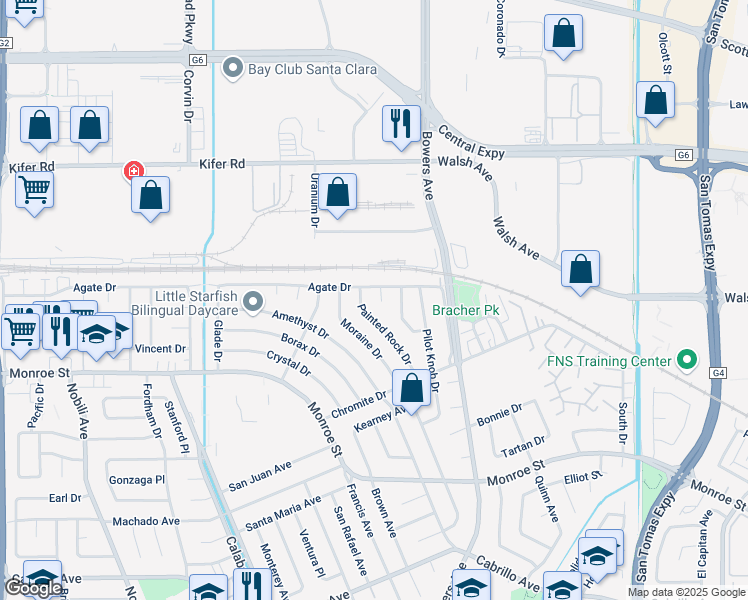 map of restaurants, bars, coffee shops, grocery stores, and more near 2514 Parkland Court in Santa Clara