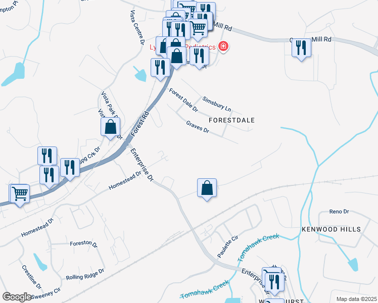 map of restaurants, bars, coffee shops, grocery stores, and more near 319 Brook Park Place in Forest