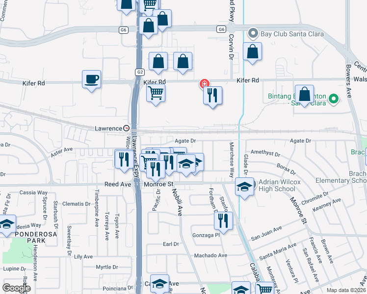 map of restaurants, bars, coffee shops, grocery stores, and more near 3458 Agate Drive in Santa Clara