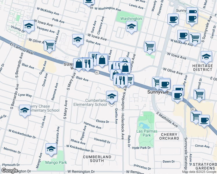 map of restaurants, bars, coffee shops, grocery stores, and more near 825 Blair Avenue in Sunnyvale