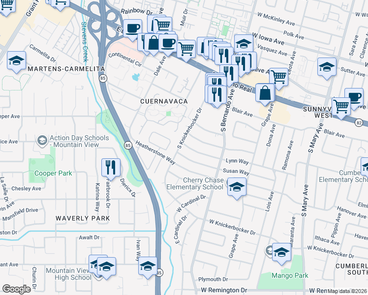 map of restaurants, bars, coffee shops, grocery stores, and more near 1298 Lynn Way in Sunnyvale