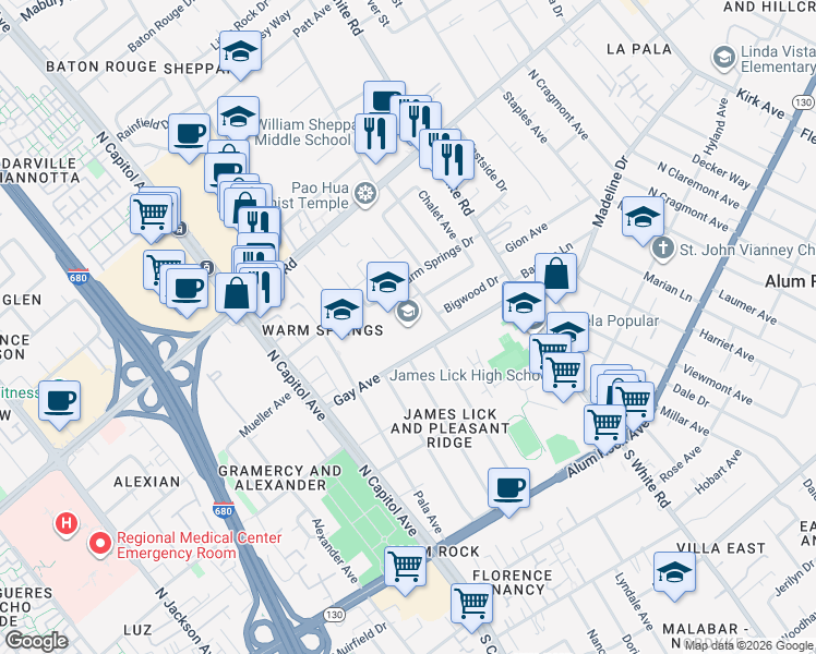 map of restaurants, bars, coffee shops, grocery stores, and more near 2851 Gay Avenue in San Jose