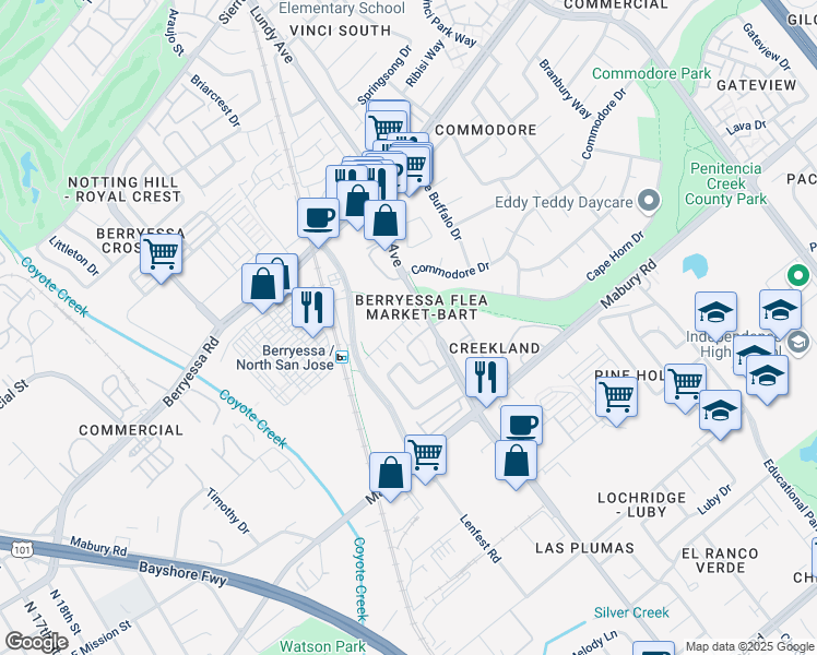 map of restaurants, bars, coffee shops, grocery stores, and more near 1692 Salamoni Court in San Jose