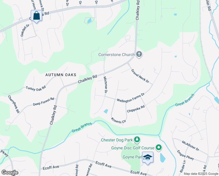 map of restaurants, bars, coffee shops, grocery stores, and more near 10649 Michmar Drive in Chester