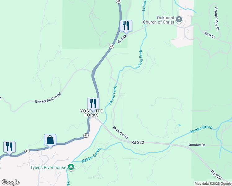 map of restaurants, bars, coffee shops, grocery stores, and more near 42638 Shady Lane in Oakhurst