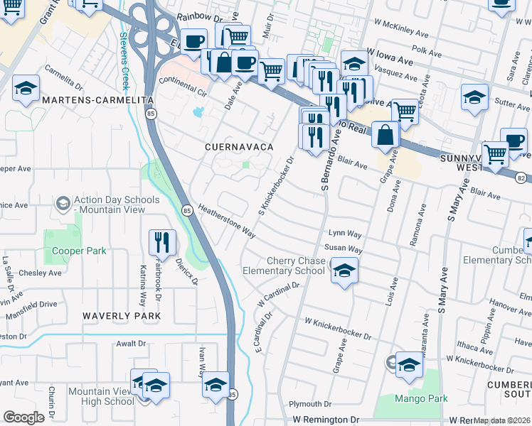 map of restaurants, bars, coffee shops, grocery stores, and more near 1298 Lynn Way in Sunnyvale