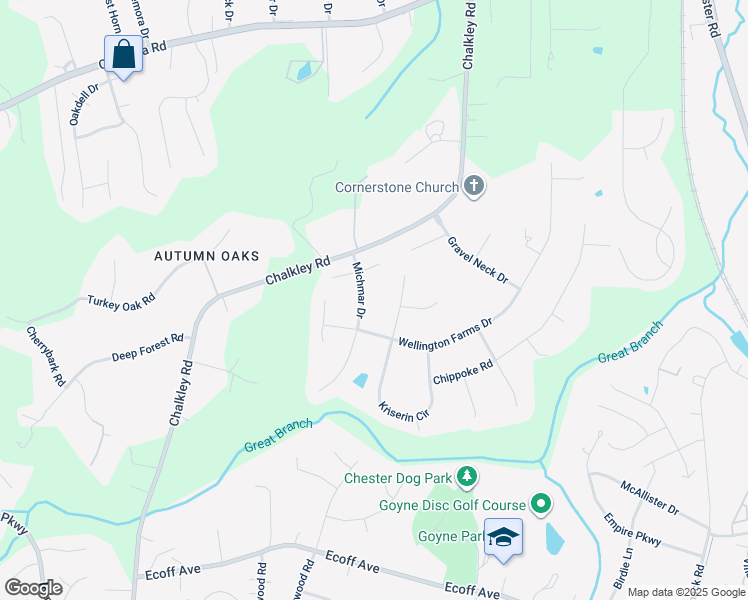 map of restaurants, bars, coffee shops, grocery stores, and more near 10649 Michmar Drive in Chester