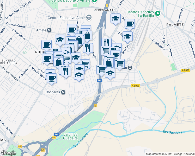 map of restaurants, bars, coffee shops, grocery stores, and more near 11 Calle Valentina Pinelo in Sevilla