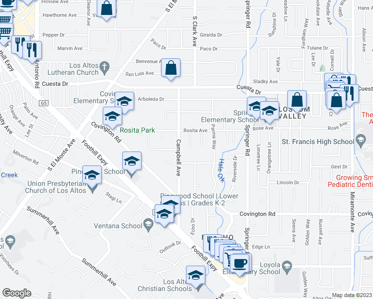 map of restaurants, bars, coffee shops, grocery stores, and more near 746 Casa Bonita Court in Los Altos