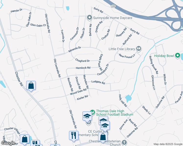 map of restaurants, bars, coffee shops, grocery stores, and more near 3544 Castlebury Drive in Chester