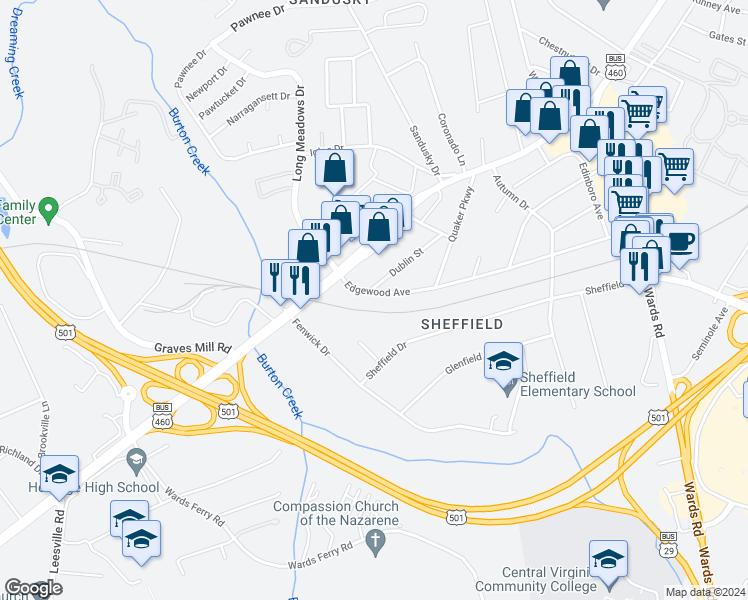 map of restaurants, bars, coffee shops, grocery stores, and more near 6038 Edgewood Avenue in Lynchburg