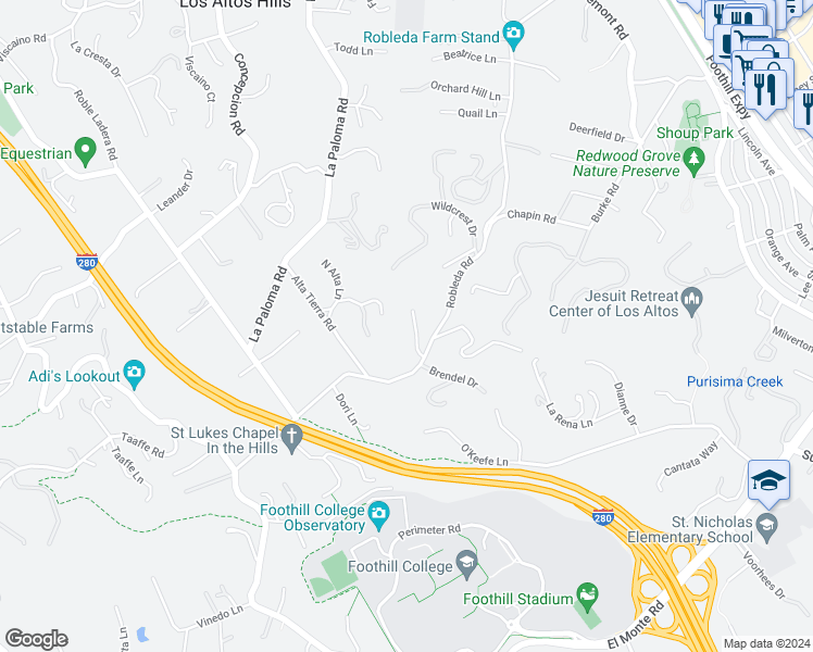 map of restaurants, bars, coffee shops, grocery stores, and more near 12911 Atherton Court in Los Altos Hills