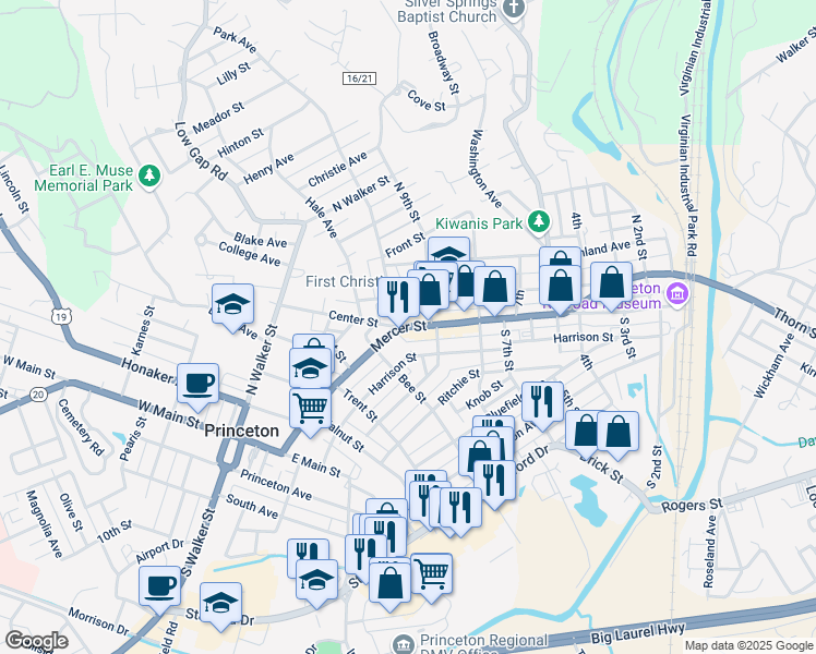 map of restaurants, bars, coffee shops, grocery stores, and more near West Virginia 20 in Princeton