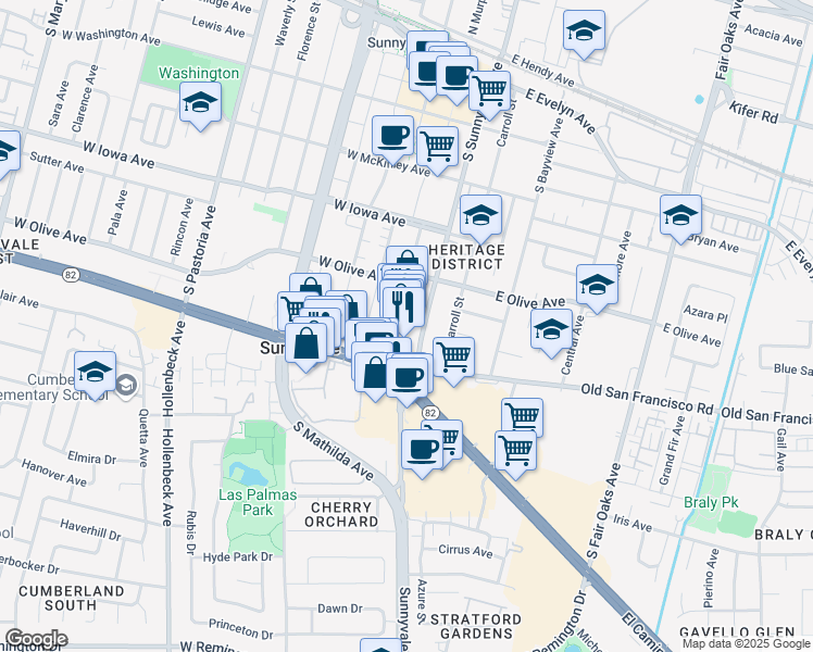 map of restaurants, bars, coffee shops, grocery stores, and more near 560 South Murphy Avenue in Sunnyvale