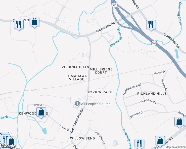map of restaurants, bars, coffee shops, grocery stores, and more near 109 Sandbridge Court in Lynchburg
