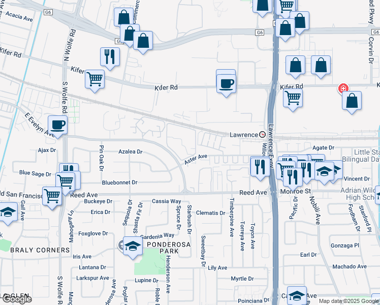 map of restaurants, bars, coffee shops, grocery stores, and more near 1035 Aster Avenue in Sunnyvale