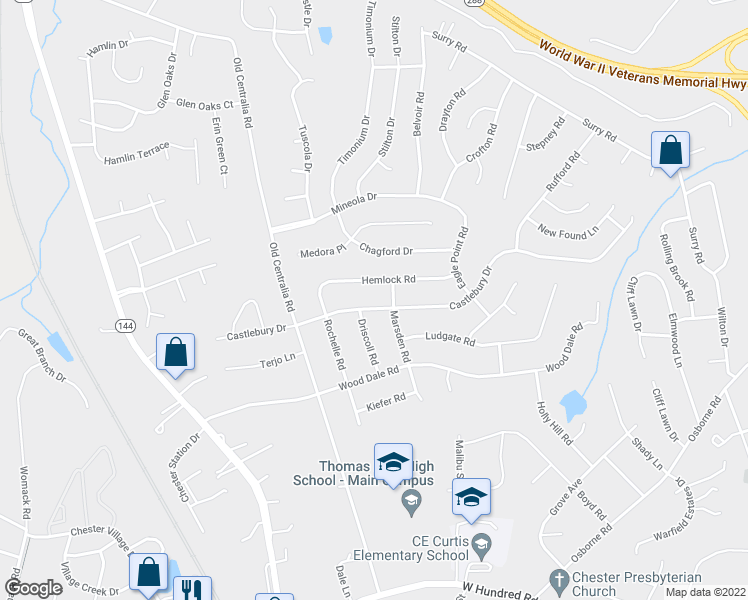 map of restaurants, bars, coffee shops, grocery stores, and more near 3600 Castlebury Drive in Chester