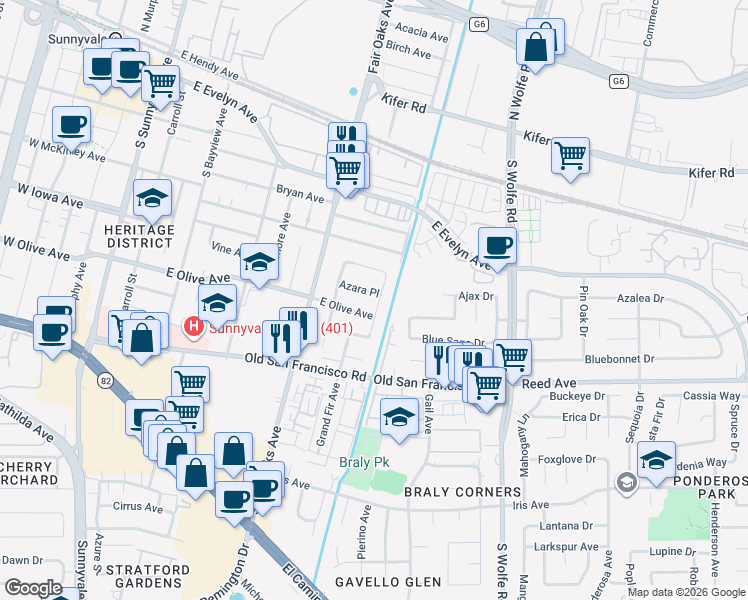 map of restaurants, bars, coffee shops, grocery stores, and more near 474 Hawthorn Avenue in Sunnyvale