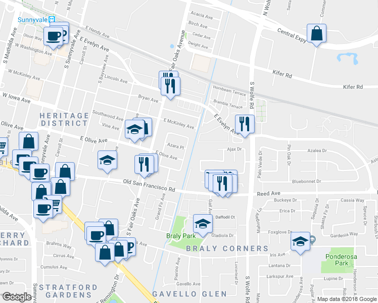 map of restaurants, bars, coffee shops, grocery stores, and more near 474 Hawthorn Avenue in Sunnyvale