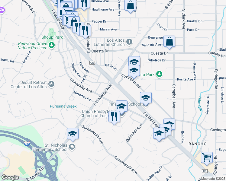 map of restaurants, bars, coffee shops, grocery stores, and more near 731 Viola Place in Los Altos