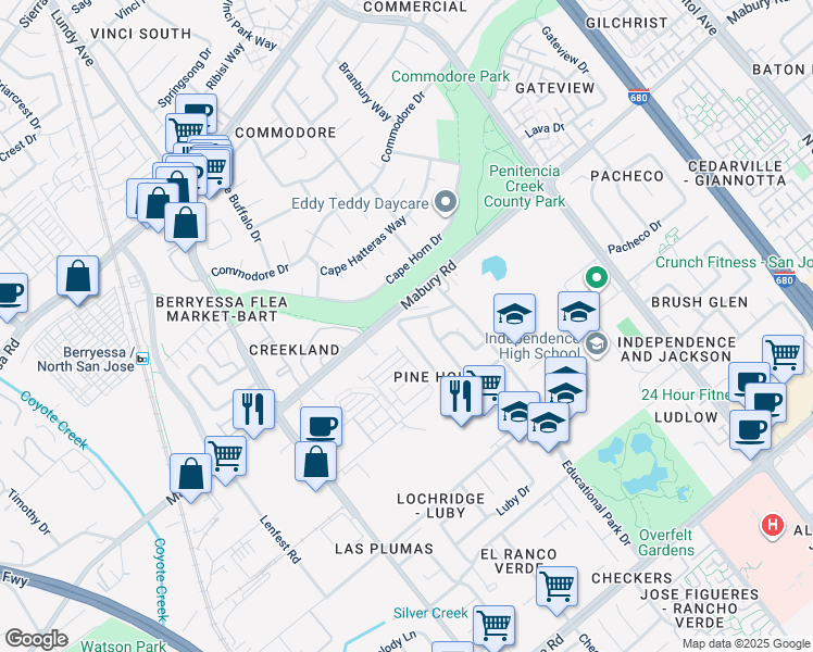 map of restaurants, bars, coffee shops, grocery stores, and more near 1862 Pine Hollow Circle in San Jose