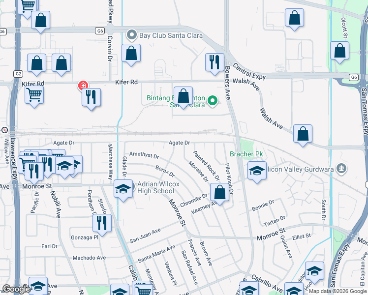 map of restaurants, bars, coffee shops, grocery stores, and more near 2620 Moraine Drive in Santa Clara