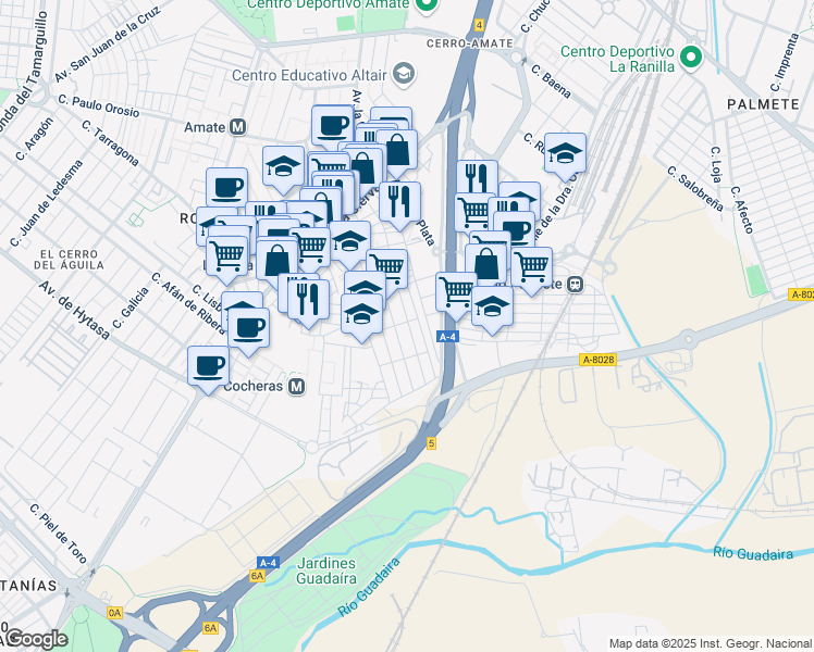 map of restaurants, bars, coffee shops, grocery stores, and more near 88 Calle Ricardo Palma in Sevilla