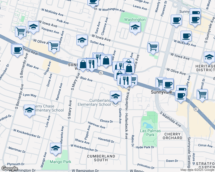 map of restaurants, bars, coffee shops, grocery stores, and more near 852 Blair Avenue in Sunnyvale