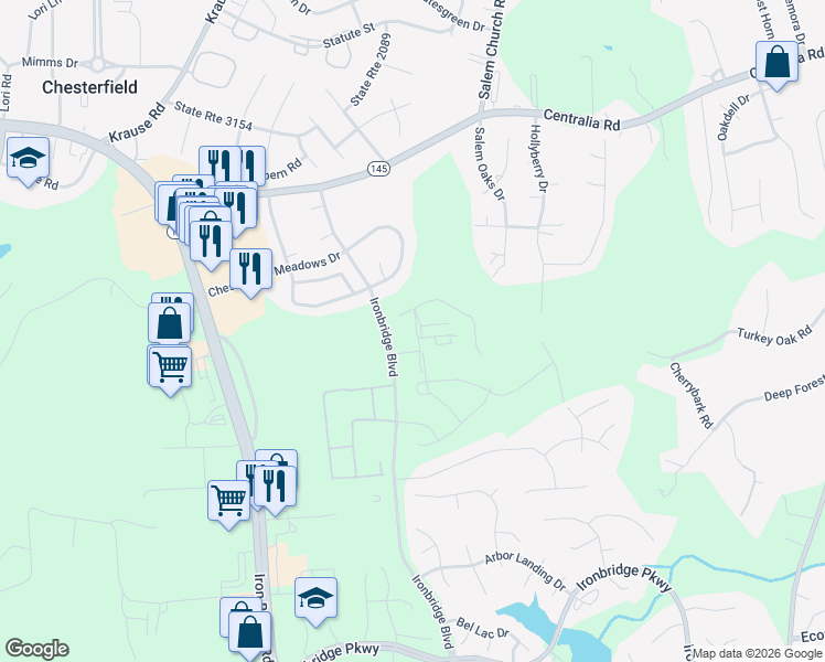 map of restaurants, bars, coffee shops, grocery stores, and more near 6102 Chesterfield Meadows Drive in Chesterfield