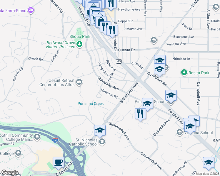 map of restaurants, bars, coffee shops, grocery stores, and more near 746 University Avenue in Los Altos