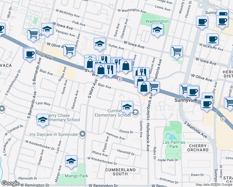 map of restaurants, bars, coffee shops, grocery stores, and more near 716 Peach Avenue in Sunnyvale