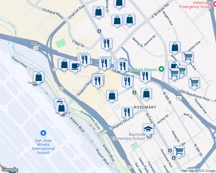 map of restaurants, bars, coffee shops, grocery stores, and more near 1754 Technology Drive in San Jose