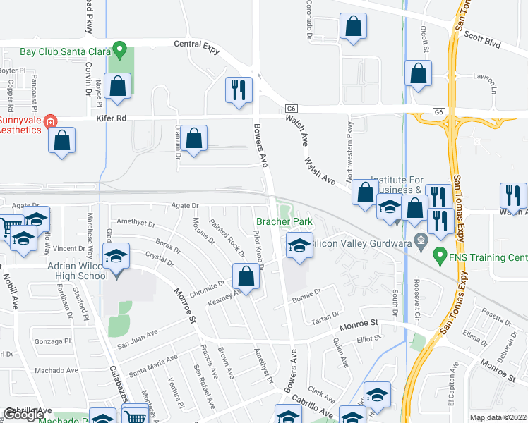 map of restaurants, bars, coffee shops, grocery stores, and more near 2630 Bowers Avenue in Santa Clara