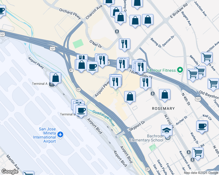 map of restaurants, bars, coffee shops, grocery stores, and more near 224 Airport Parkway in San Jose