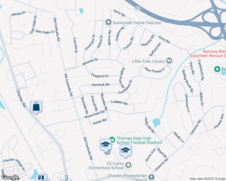 map of restaurants, bars, coffee shops, grocery stores, and more near 3544 Castlebury Drive in Chester