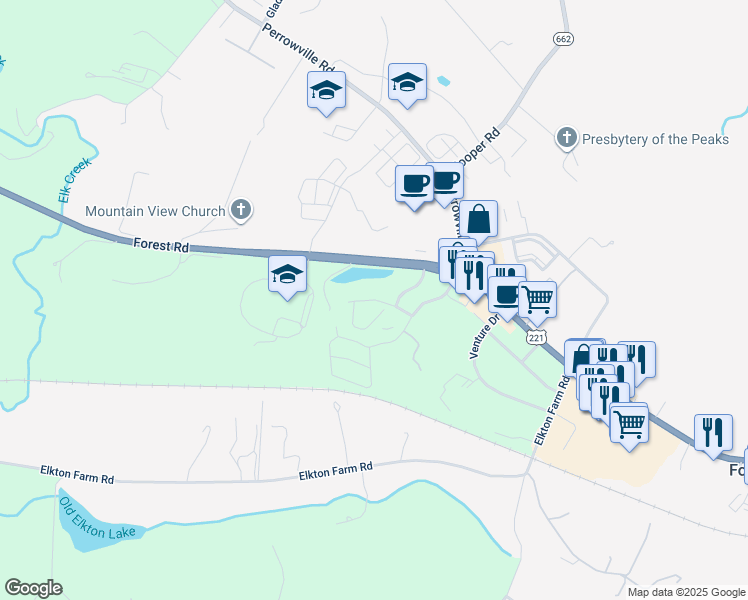map of restaurants, bars, coffee shops, grocery stores, and more near 1253 Valley Vista Lane in Forest