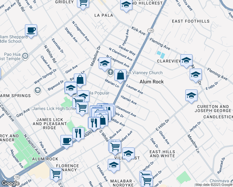 map of restaurants, bars, coffee shops, grocery stores, and more near 4585 Alum Rock Avenue in San Jose