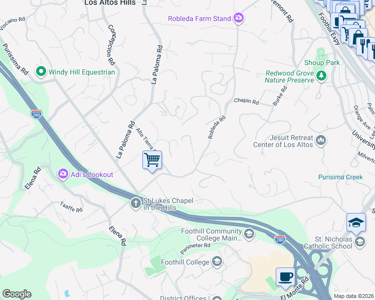 map of restaurants, bars, coffee shops, grocery stores, and more near 12911 Atherton Court in Los Altos Hills