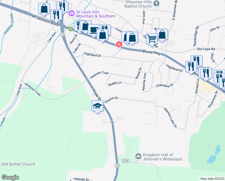 map of restaurants, bars, coffee shops, grocery stores, and more near 975R Shady Lane in Jackson