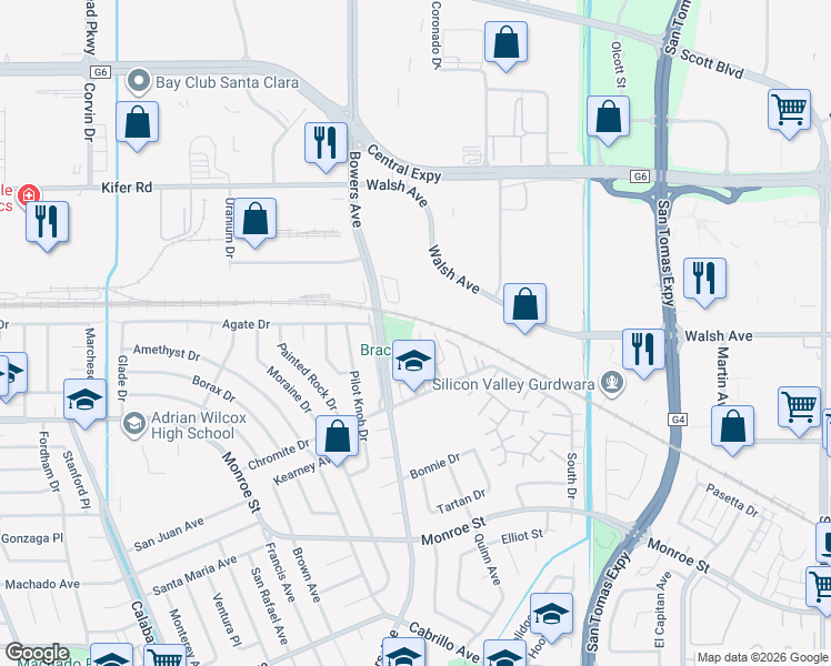 map of restaurants, bars, coffee shops, grocery stores, and more near 2560 Alhambra Drive in Santa Clara