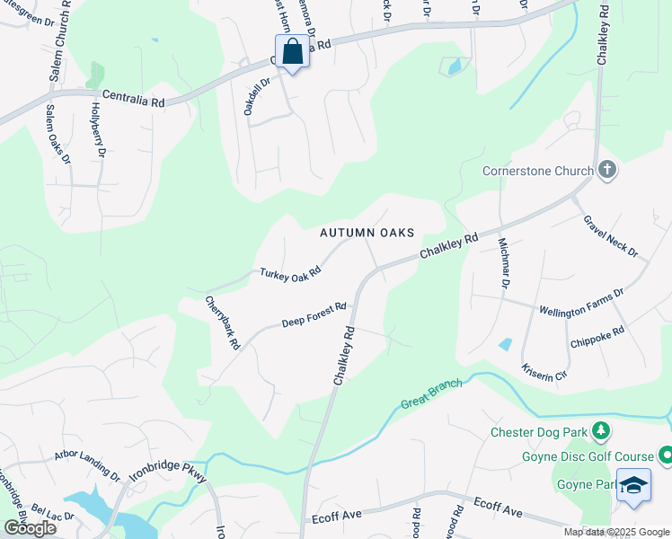 map of restaurants, bars, coffee shops, grocery stores, and more near 5731 Turkey Oak Road in Richmond