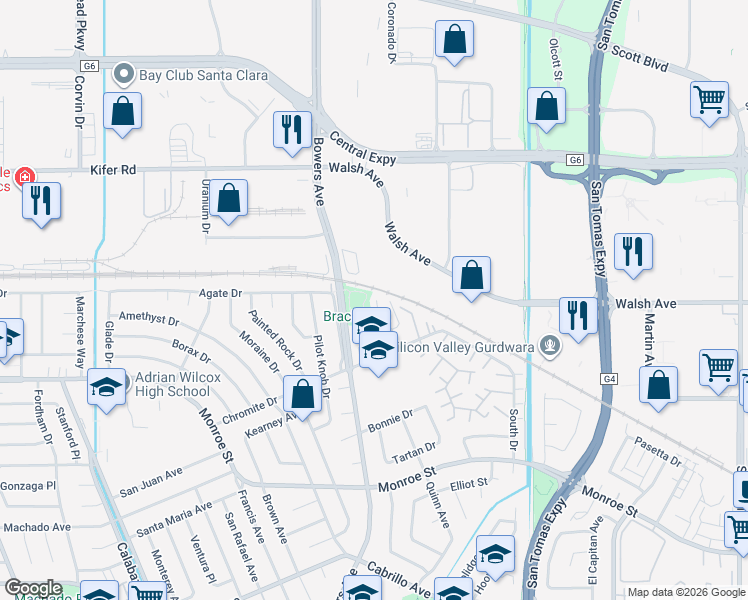 map of restaurants, bars, coffee shops, grocery stores, and more near 2560 Alhambra Drive in Santa Clara